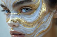 Close up portrait of young woman with white and gold luxury creative makeup, marble swirl pattern on face with golden glitter and metallic elements.