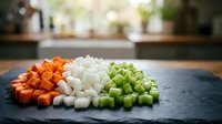 Fresh diced vegetables on dark cutting board in modern kitchen. Orange carrots, white onions and green celery chopped for cooking preparation and meal prep.