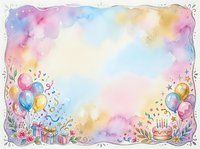 Watercolor birthday frame with balloons, cake, gifts, and confetti in soft pastel colors, forming a festive border with copy space in the center.