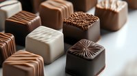 Artisanal chocolate bonbons with elegant patterns in dark, milk and white chocolate varieties arranged in rows on light surface. Perfect for confectionery advertising.