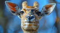 Young giraffe calf portrait with large ears and curious expression against soft blue background for wildlife photography and nature content.