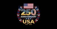 USA 250th anniversary celebration logo with American flag, golden text, laurel wreath on black background for patriotic commemorative design.