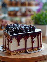 Elegant cheesecake slice topped with fresh blueberries and dark chocolate drip, featuring layers of vanilla and berry mousse on graham cracker crust, served on wooden board.