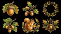 Autumn oak acorn clipart set with squirrel, branches, wreath, and decorative elements, isolated on transparent background, ready for stickers, t-shirt design, and print on demand.