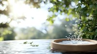 Serene water drops splashing in terracotta bowl with floating leaves against blurred natural garden background with sunlight bokeh and green foliage.