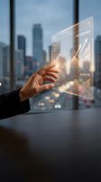 Businesswoman touching a glowing transparent digital tablet with financial growth charts and portfolio data against a blurred city skyline at dusk.