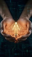 Cupped hands protecting glowing golden human figure with digital circuit board background representing healthcare technology and medical innovation.