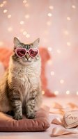 Adorable tabby cat wearing pink heart-shaped sunglasses sitting on cushion with romantic bokeh lights background for Valentine's Day celebration.