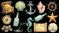 Treasure chest overflowing with gold coins, seashell, anchor, conch shell, ship wheel, compass, message bottle, seahorse, starfish, and sand dollar isolated on transparent background. Ready for t-shirt designs, clipart, stickers, and print-on-demand products.