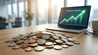 Portfolio growth displayed on laptop screen with upward trending arrow chart, surrounded by scattered coins on wooden desk in bright office environment, representing financial success and investment returns.