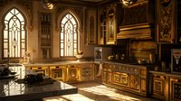 Luxurious gothic style kitchen interior with ornate gold details and marble countertops, featuring arched cathedral windows and dramatic sunlight streaming through creating elegant ambiance.