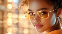 Young African American woman wearing stylish gold-rimmed glasses with light reflections, warm bokeh background creates dreamy atmosphere, natural curly hair styled elegantly.