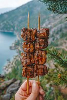 Grilled meat kebab skewers held against scenic mountain lake backdrop, showcasing juicy marinated chunks with charred edges and caramelized glaze.