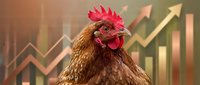 Chicken with red comb against financial growth chart background with upward arrows and bar graphs, symbolizing business success and market gains.