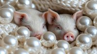 Young piglets with pink snouts nestled among lustrous pearls and cream-colored textured fabric, creating a whimsical luxury composition for creative design projects.