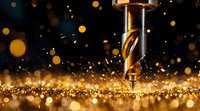 Industrial drill bit cutting metal with golden sparks and bokeh effect against dark background, dramatic lighting highlights metalworking precision in manufacturing process.