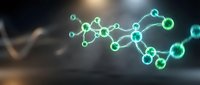 Glowing green molecular structure with connected atoms and bonds floating in dark space for scientific research and chemistry education concepts.