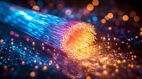 Glowing abstract light trails with orange and blue bokeh effects create dynamic motion against dark background, sparkling particles floating in space.