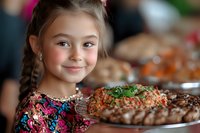 Young Asian girl with braided hair and floral dress smiling while holding plate with grilled meat and garnished dishes at family gathering or celebration dinner.