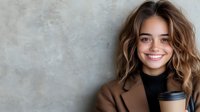 Young Hispanic woman with wavy brown hair wearing brown coat and black turtleneck holding coffee cup, smiling warmly against textured gray wall background.