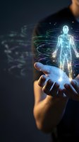 Hand holding glowing holographic human figure with digital data streams for healthcare technology and medical innovation concepts.