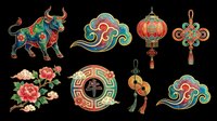 Colorful Chinese New Year elements set with ox, lantern, lucky knot, peony, coins, and clouds, isolated on transparent background, for clipart, sublimation, t-shirt design.