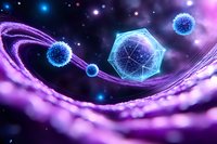 Glowing blue virus cells and geometric shapes floating in purple cosmic space with luminous particles and energy waves creating futuristic medical background.