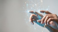 Digital transformation concept with hands touching glowing network connections and data visualization for modern business technology solutions.