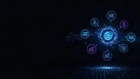 Digital technology network with glowing blue icons and data connections on dark futuristic background for business presentations and tech concepts.
