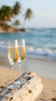 Two champagne flutes filled with sparkling wine on driftwood at tropical beach with palm trees and turquoise ocean for romantic celebration and luxury vacation.