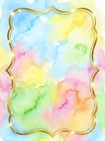 Pastel rainbow watercolor background with elegant gold glitter frame, soft blended hues of pink, blue, yellow and green for cards and invitations.