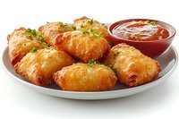 Crispy golden fried dumplings garnished with fresh herbs served on white plate with red dipping sauce, appetizing close up view of Asian cuisine.