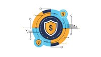 Financial security shield with dollar symbol surrounded by circular tech elements and connecting lines for business protection concepts.
