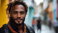 Young African American man with dreadlocks smiling confidently on urban street. Professional portrait for business, lifestyle and diversity content.