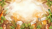 Watercolor beer festival frame with hops, wheat, foamy mugs, and bottles on warm golden background with copy space for text.