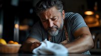 Mature bearded chef in gray t-shirt and brown apron carefully cleaning counter surface in dimly lit restaurant kitchen with focused, determined expression. Professional cleaning service.