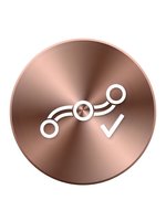 Rose gold metallic button with white analytics graph and checkmark icon on brushed copper surface for business dashboard interface design.