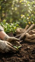 Hands in gardening gloves protecting young green seedling sprouting from rich soil in sunlit garden with natural bokeh background for growth concepts.