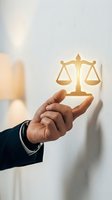 Male professional in dark business suit holding glowing golden scales of justice symbol, representing law, legal services, fairness, and attorney expertise in modern corporate environment.