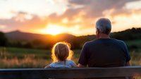 Senior man and young girl watching sunset together from wooden bench, backlit silhouettes against dramatic orange sky and mountain landscape. Peaceful family moment.