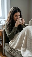 Young woman with long dark wavy hair and South Asian ethnicity sitting on beige sofa wrapped in cream blanket, holding warm beverage cup, appearing unwell or contemplative by window with natural light.