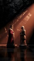 Ancient chess pieces king and knight standing on board in dramatic cave lighting with warm golden glow and textured stone walls creating atmospheric game scene.
