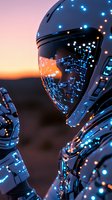 Futuristic robot with glowing blue circuit patterns against sunset sky, featuring reflective visor helmet and detailed technological armor design.