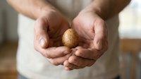 Male hands holding a single brown egg, isolated on blurred background. Suitable for cooking, nutrition, and food production concepts.