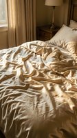 Unmade bed with champagne silk sheets and pillows in warm bedroom with wooden nightstand, lamp, and curtains for home decor.