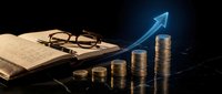 Financial growth concept with stacked coins forming ascending chart, open book, glasses and glowing blue arrow on dark background for investment education.