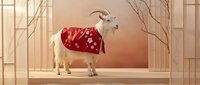 White goat wearing festive red sweater with snowflake pattern standing in modern minimalist room with warm lighting for holiday seasonal content.