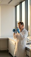 Middle-aged Caucasian male scientist in white lab coat and safety glasses examining plant sample in modern laboratory with natural lighting.