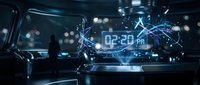 Futuristic holographic digital clock displaying time in glowing blue interface with geometric network connections in high-tech sci-fi environment.