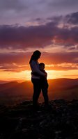 Mother and child silhouette embracing on mountain peak during golden hour sunset with dramatic purple orange sky clouds creating emotional family bonding moment.